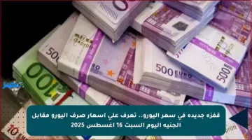 قفزة جديدة في سعر اليورو.. تعرف على أسعار صرف اليورو مقابل الجنيه اليوم السبت 16 أغسطس 2025
